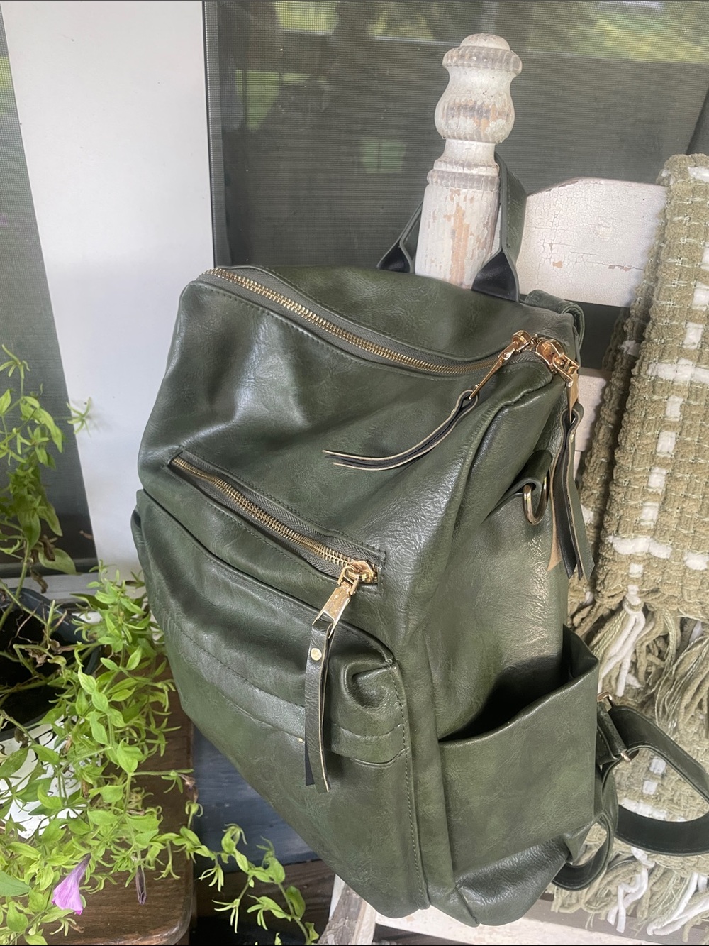 Olive Green Leatherette Womenโs Backpack with Gold Hardware